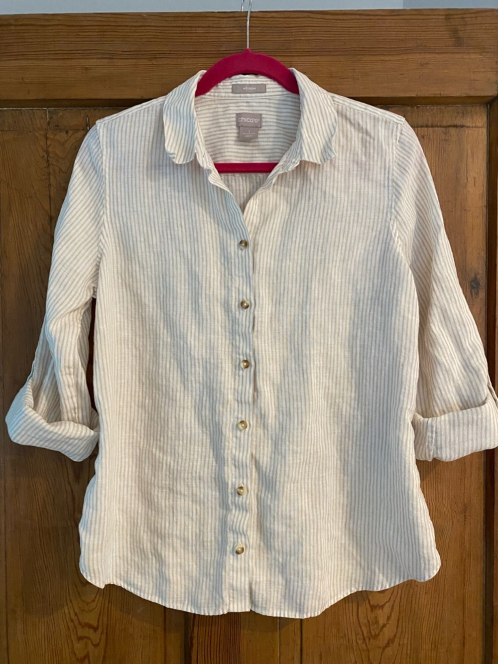 Chicos Women 100% Linen Long Sleeve Striped Button Up Sz 1 Oatmeal Classic